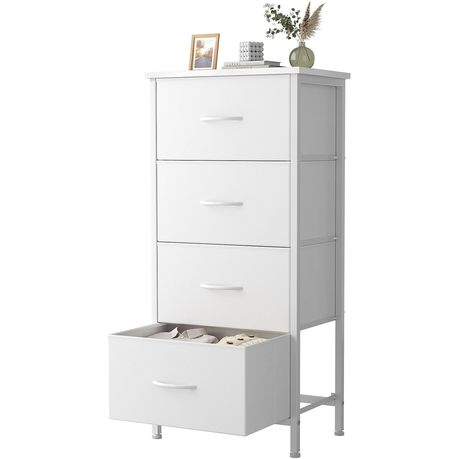 Sweetcrispy Dresser For Bedroom, 4 Drawer Storage Cabinet, Tall Nightstand | Small Fabric White Dresser For Closet, Chest Of Drawers, Closet Organizer, Home Furniture, Sturdy Frame