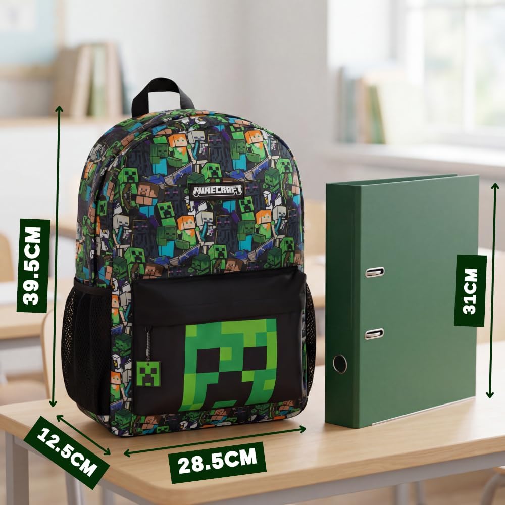 Minecraft Steve & Creeper Multicolour Backpack | Graphic Print Zip-Up Bag For Back To School | Kids Carrying Books | Unisex Kids Merch
