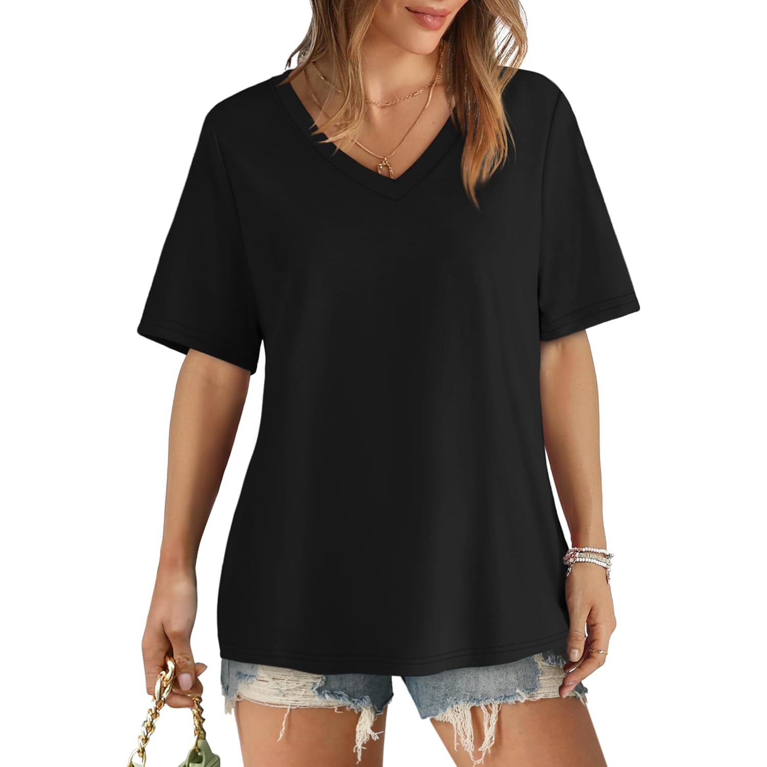 Womens V Neck Short Sleeve T Shirts Summer Tops 2026 Casual Loose Tees Trending Now S-4XL
