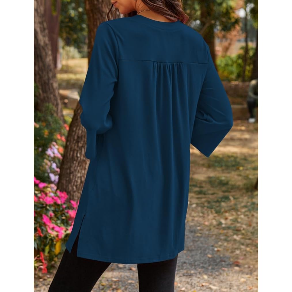 Womens Tunic Tops 3/4 Bell Sleeve Loose Fit Tunics Dressy Casual Side Split Flare Top For Leggings S-3Xl