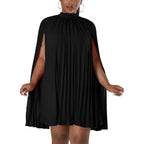 Women’S Casual Cape Sleeve Pleated Split Short Dress Loose Fit Cocktail Party Flowy Dress