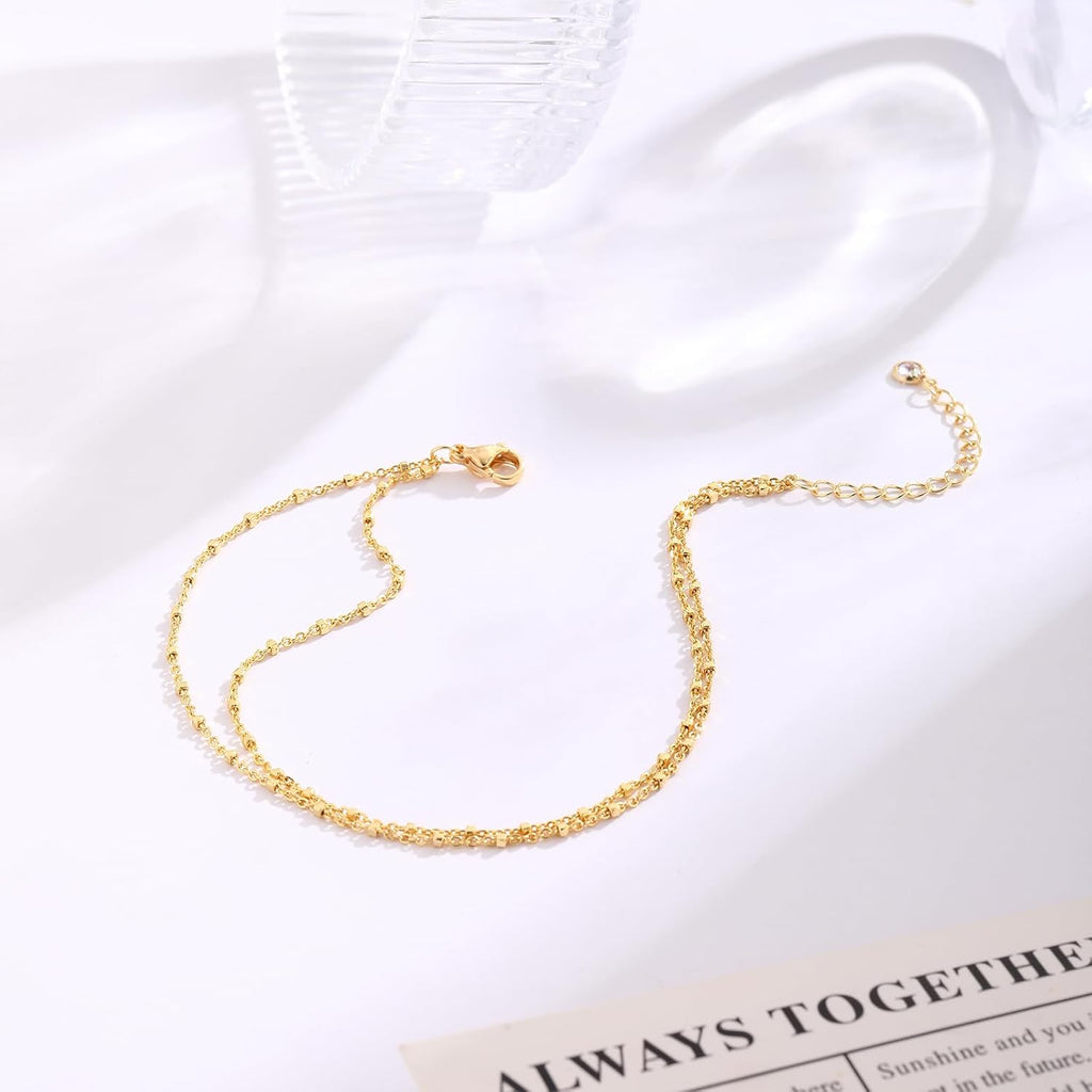 MIDEEO Gold/Silver Ankle Bracelets for Women,14K Gold Anklets for Women Waterproof Cuban Link Heart Beads Herringbone Rhinestone Anklets Set Layered Anklet Bracelets for Women Gold Jewelry Gift