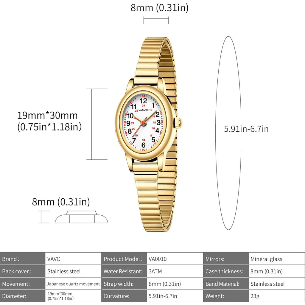 Gold Watch Waterproof Nurse Watch For Medical Professionals,Students,Women-Military Time Easy Read Dial,24 Hour With Second Hand,Stainless Steel Expansion Band