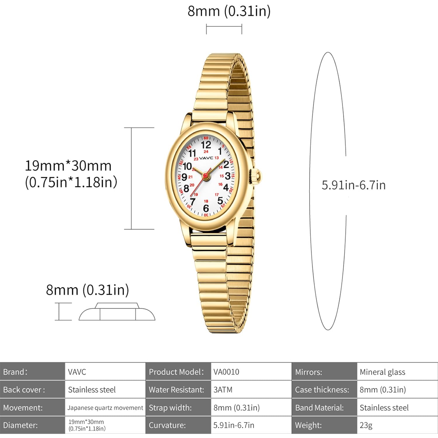 Gold Watch Waterproof Nurse Watch For Medical Professionals,Students,Women-Military Time Easy Read Dial,24 Hour With Second Hand,Stainless Steel Expansion Band
