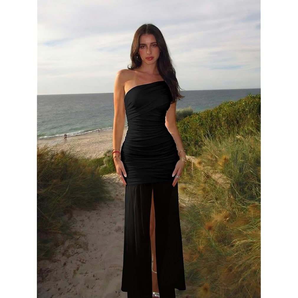 Lagshian Women'S Elegant Formal Long Dress One Shoulder Sleeveless Ruched Bodycon Evening Dress