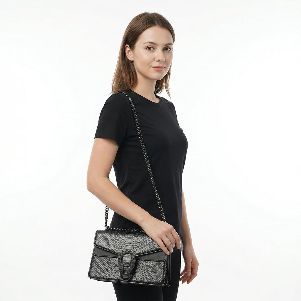 Leather Crossbody And Satchel Purse For Women - Classic Snake Print Chain Purse Luxury Pu Leather Bag