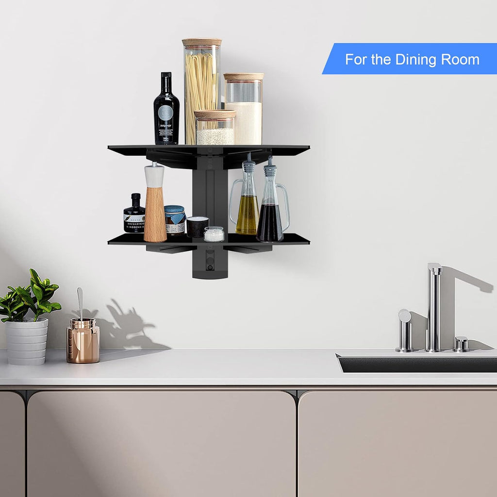 Suptek Glass Floating Shelves, Tv Wall Mount With Shelf For Dvd Player / Ps4 / Cable Boxes/Game Consoles/Sky Box/Tv Accessories, Flat Black 2-Tier Wall Mount Bracket