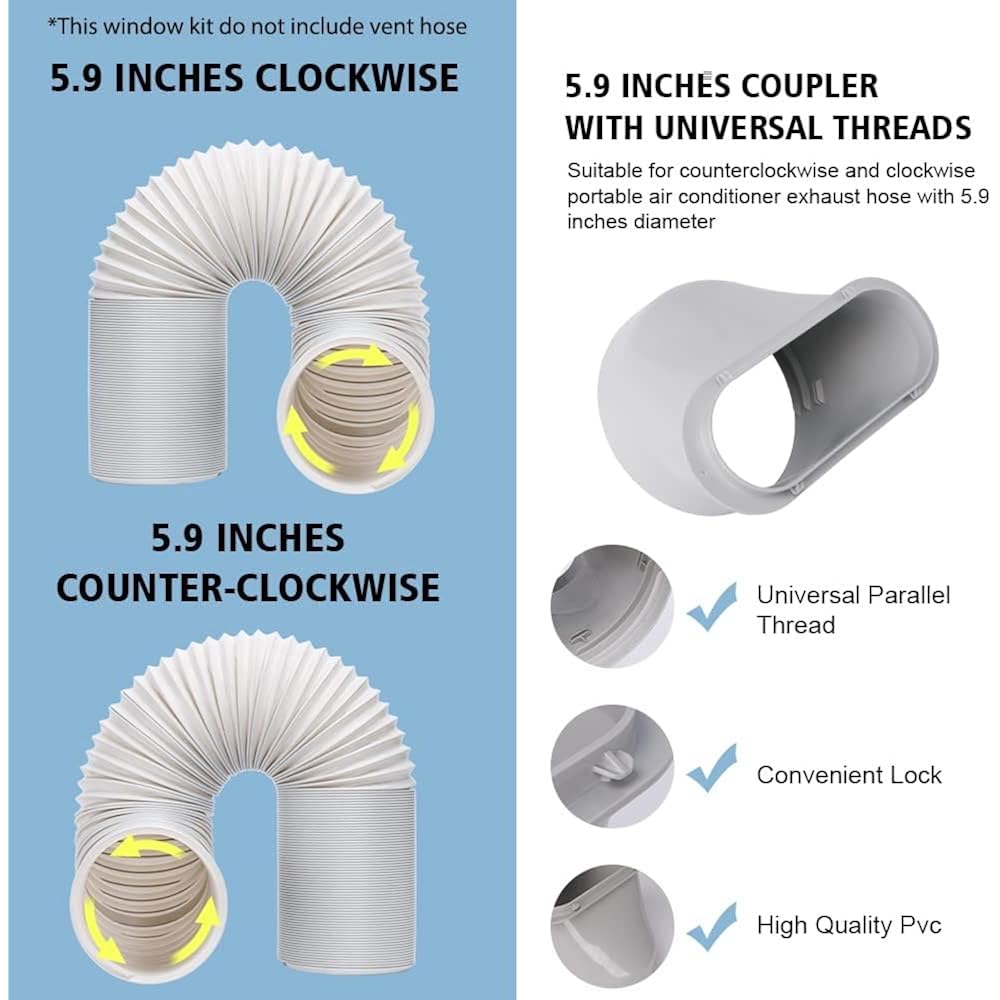 Portable Ac Window Vent Kit 5.9" Air Conditioner Window Seal Panel Hose Kit | No Coupler, For Vertical&Horizontal Sliding Window, Panel Adjustable Length: 16.9"-62.1", Strengthern Sealing, Keep Cool