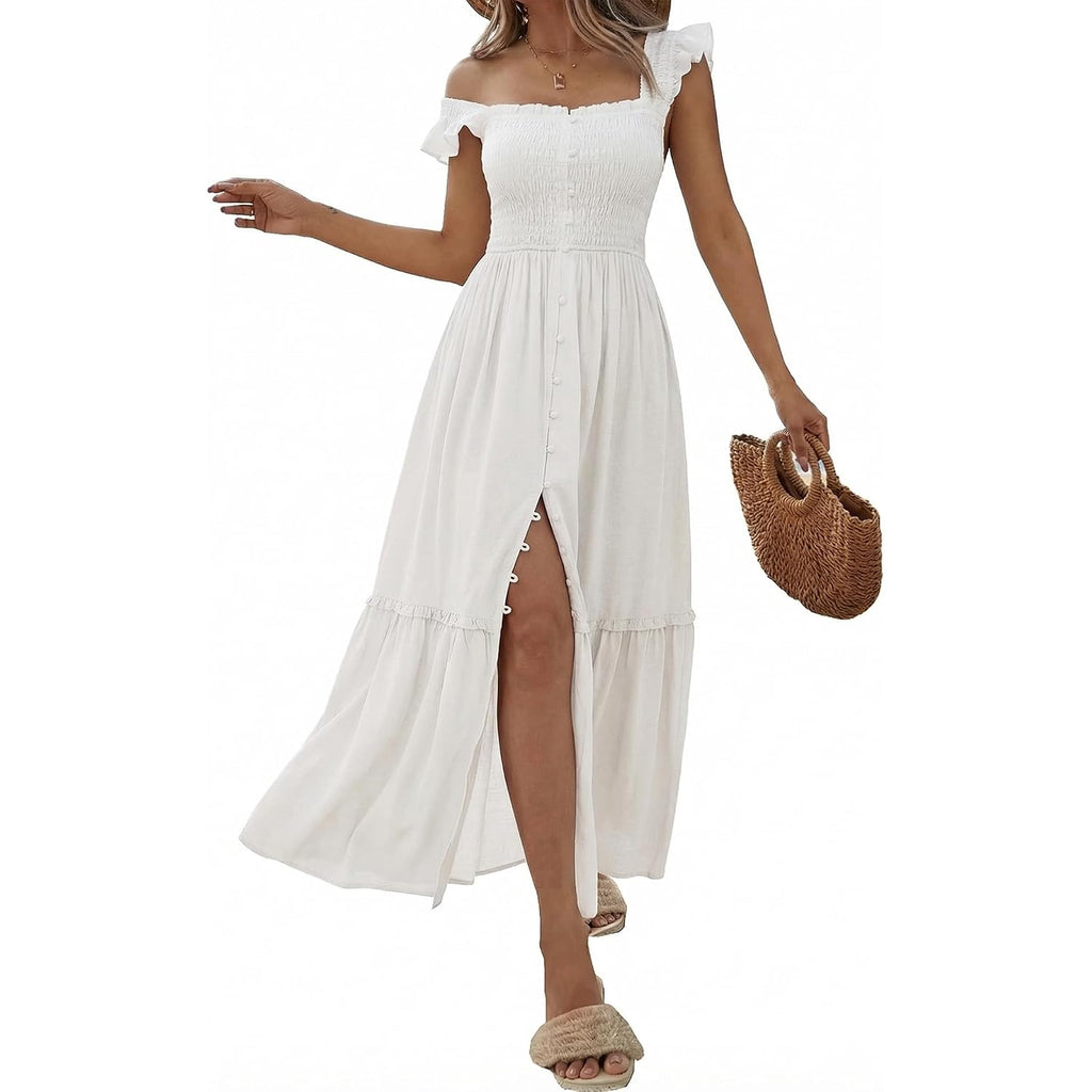 Women Summer Casual Midi Dress Square Neck Button Down Smocked Ruffle Strap Flowy Split Beach Sundress Pockets