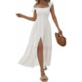 Women Summer Casual Midi Dress Square Neck Button Down Smocked Ruffle Strap Flowy Split Beach Sundress Pockets