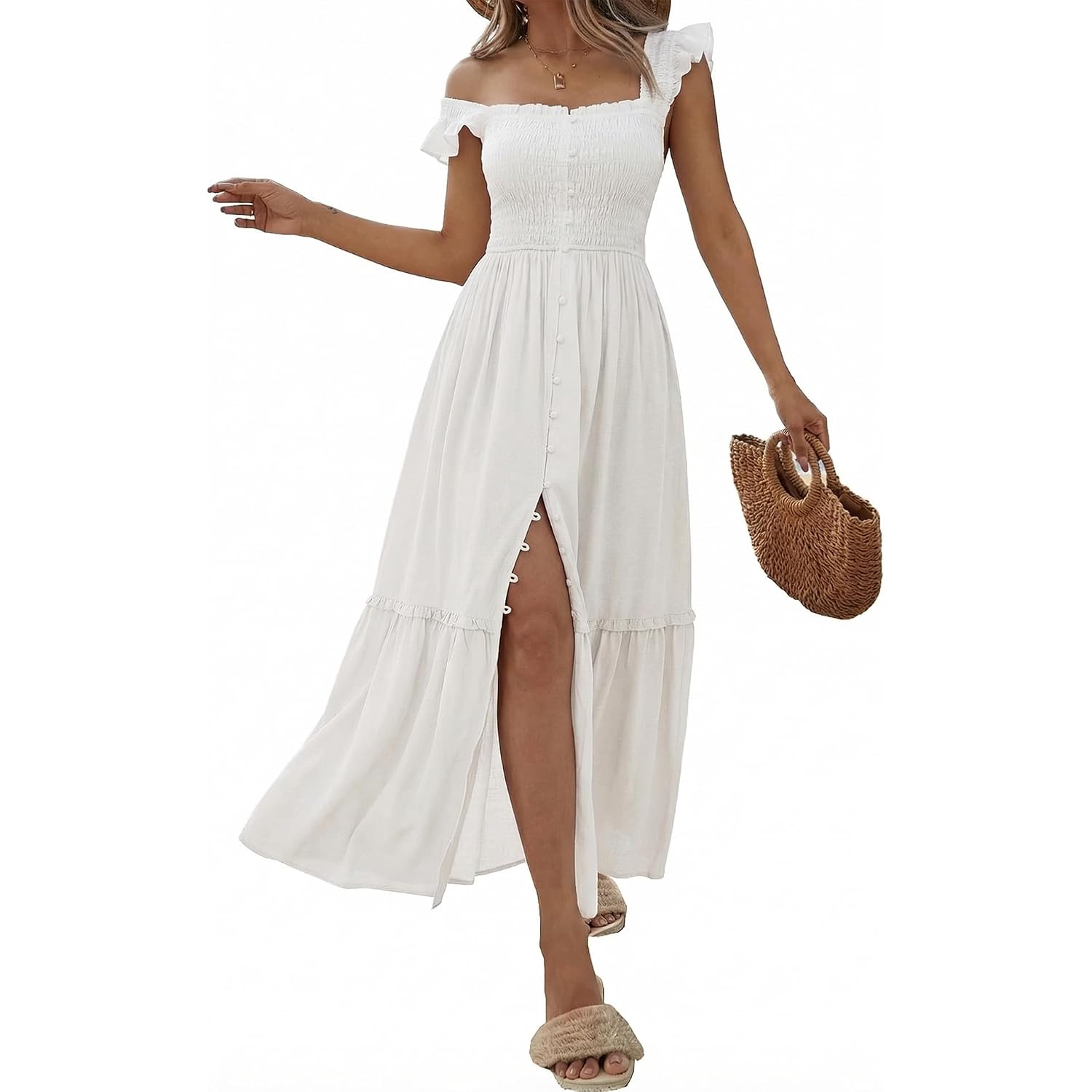 Women Summer Casual Midi Dress Square Neck Button Down Smocked Ruffle Strap Flowy Split Beach Sundress Pockets