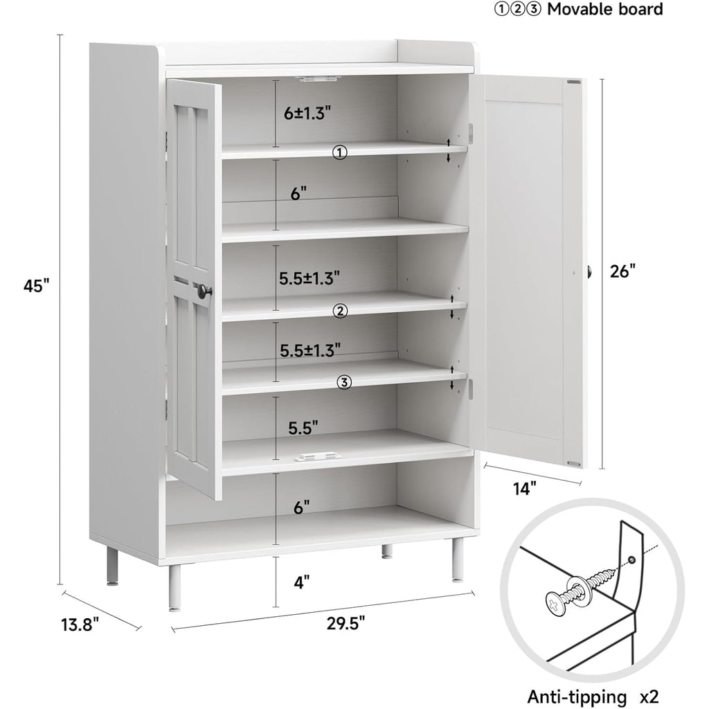 White 7+1 Tier Farmhouse Shoe Storage Cabinet - 45" Tall Entryway Organizer With Cross Molding Doors, 3 Adjustable Shelves & Metal Legs, Shoe Rack For Front Door Entrance