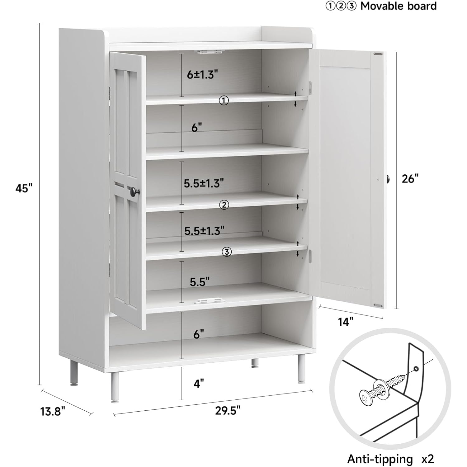 White 7+1 Tier Farmhouse Shoe Storage Cabinet - 45" Tall Entryway Organizer With Cross Molding Doors, 3 Adjustable Shelves & Metal Legs, Shoe Rack For Front Door Entrance