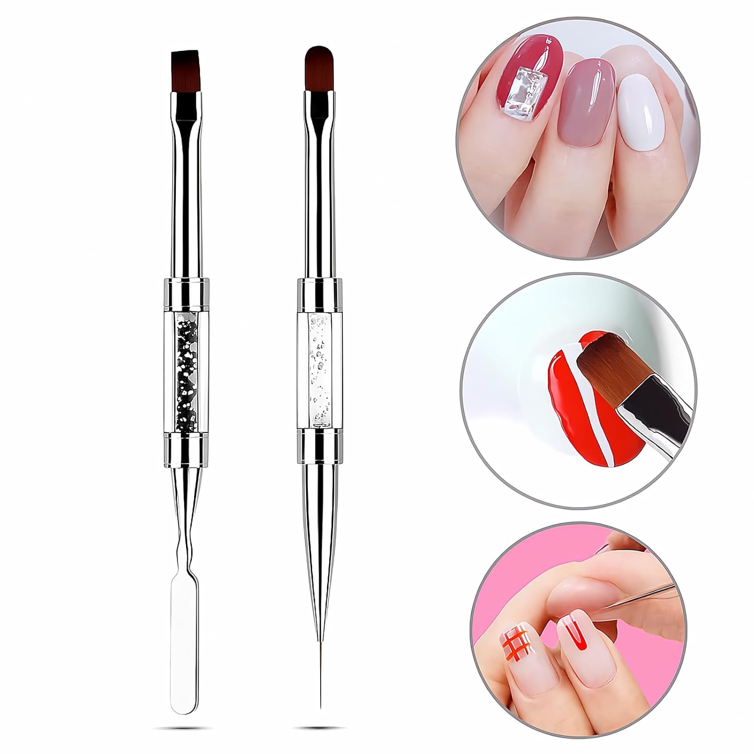 2PCS Dual-Ended Nail Art Brushes Set – Gel Nail Brush, Spatula & Liner Brush – Nail Art Tools for Builder Gel, Nail Polish Application, DIY Manicure & Salon Use