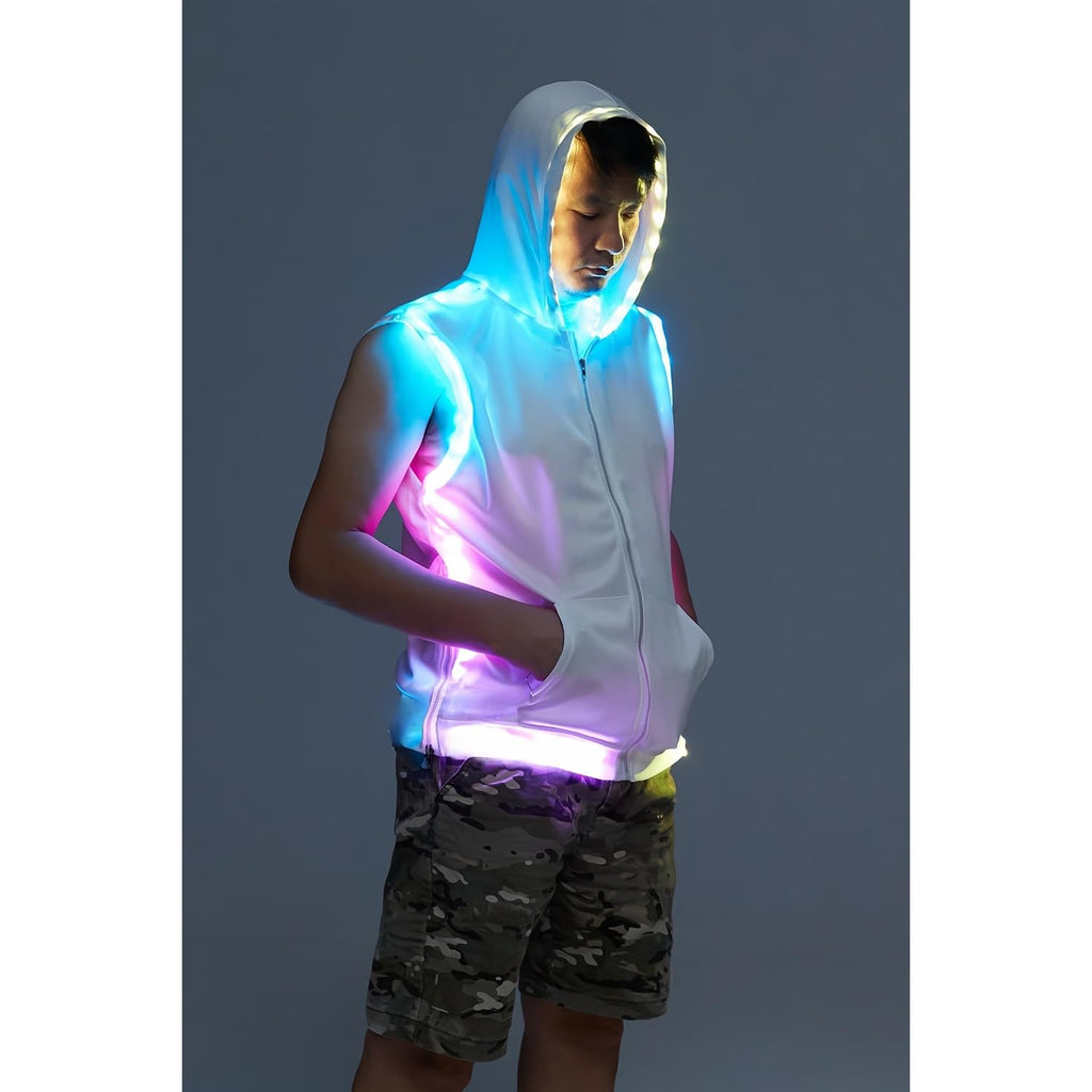 Men White Hooded Tank Led Light Up Sync Burning Man Rave Tops Night Club Show For Halloween Dance Party