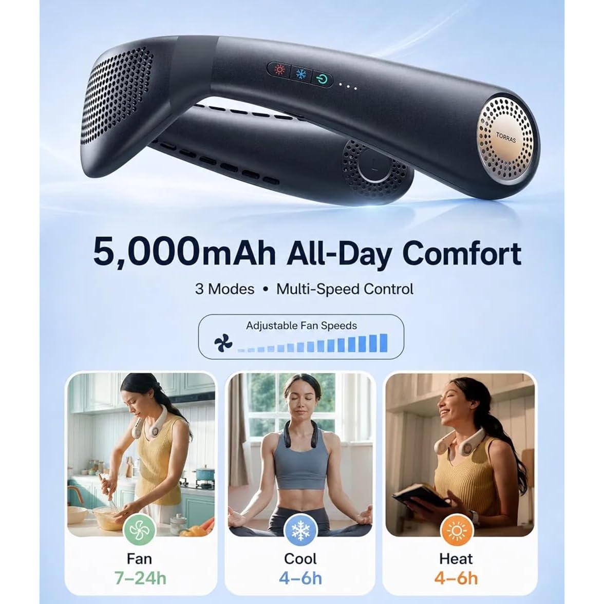 Torras Coolify Air 2026 Upgraded Neck Fan Air Conditioner, Dual-Airflow Pro Cooling, Ultra Light Portable Fan Rechargeable, Personal Cooling Fan Travel Essentials, Gift For Dad Husband Father, Black