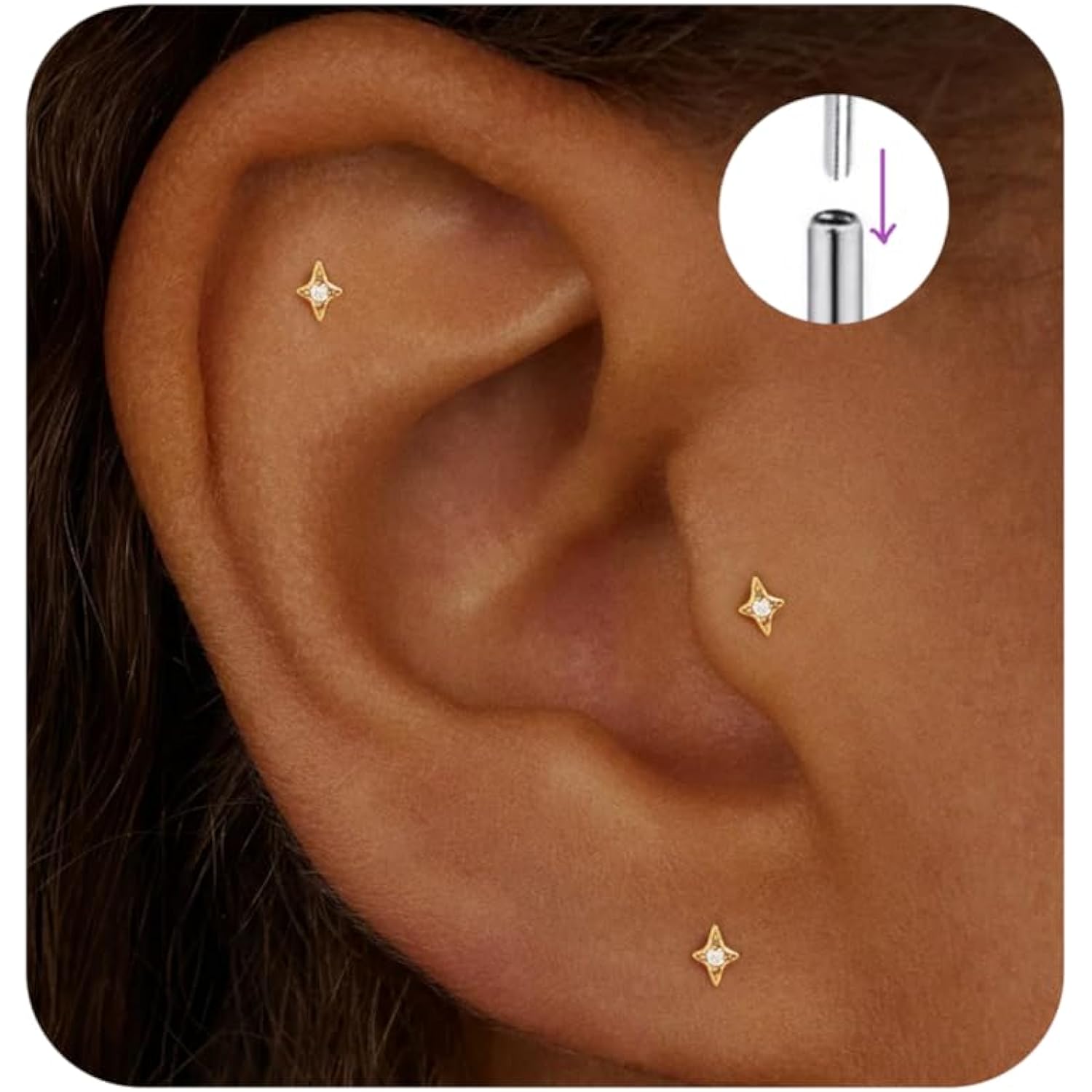 Flat Back Stud Cartilage Tragus Helix Nose Piercing Earrings Jewelry For Women Conch Threadless 18G Titanium Surgical Steel Hypoallergenic 14K Gold plated CZ Silver Small Tiny Studs