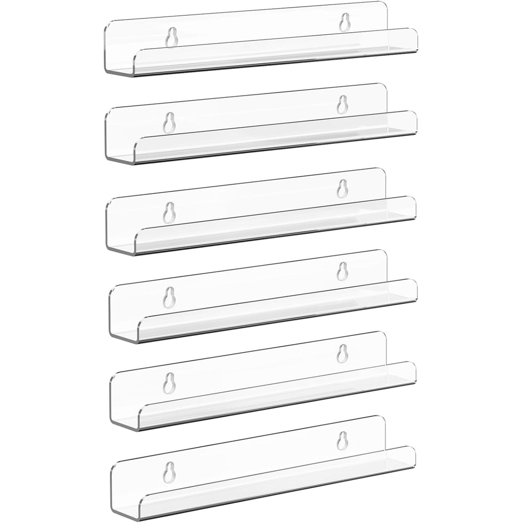 Vinyl Record Shelf Wall Mount, 6 Pack 12 Inch Clear Acrylic Album Record Holder Display, Kids Bookshelf, Floating Wall Shelves For Bathroom, Bedroom, Living Room, Kitchen (Clear-6Pcs)