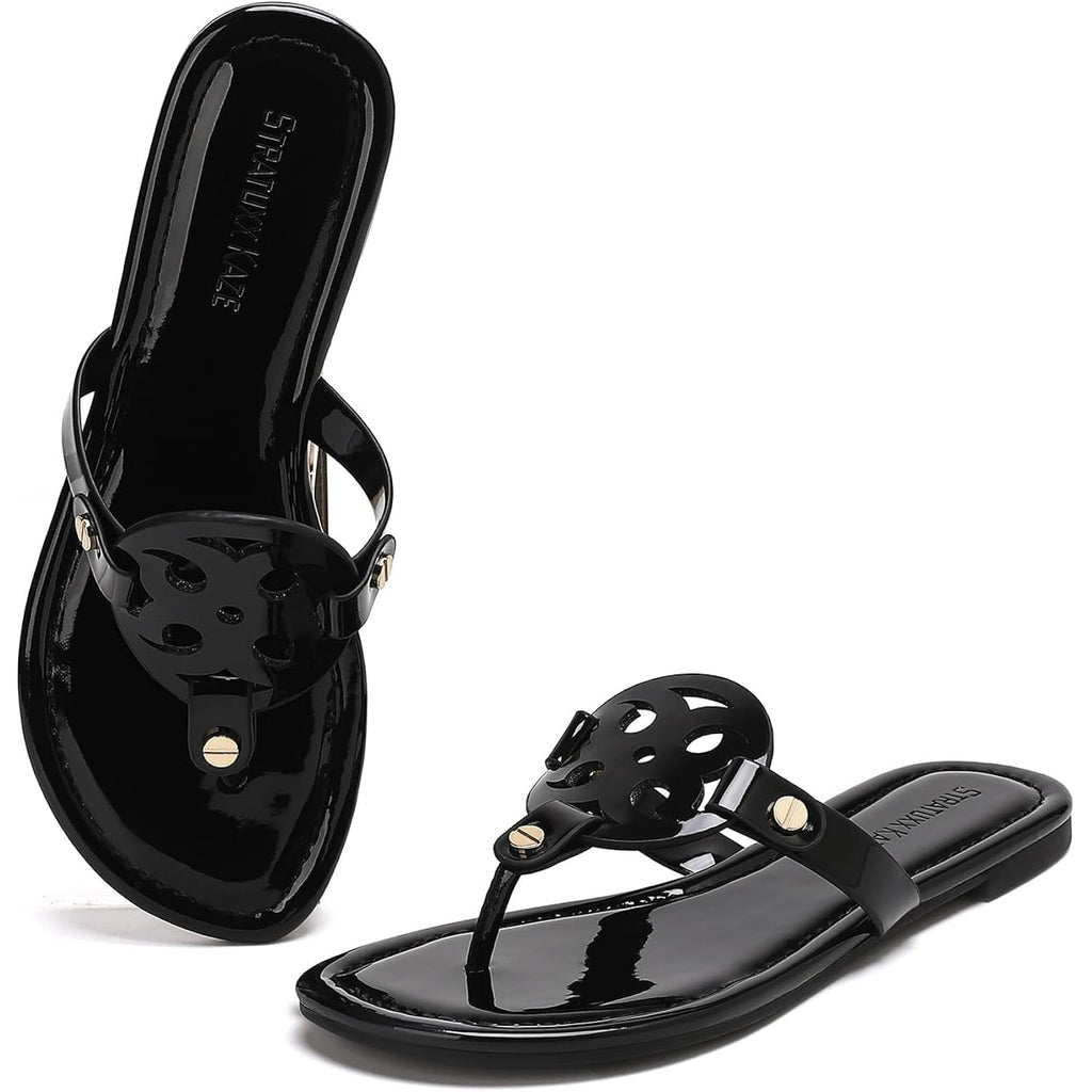 Stratuxx Kaze Women'S Dressy Patent Leather Thong Sandals With Memory Foam,Comfy Beach Slides Slip On Flat Sandals For Women