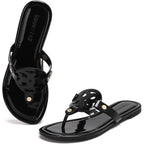 Stratuxx Kaze Women'S Dressy Patent Leather Thong Sandals With Memory Foam,Comfy Beach Slides Slip On Flat Sandals For Women