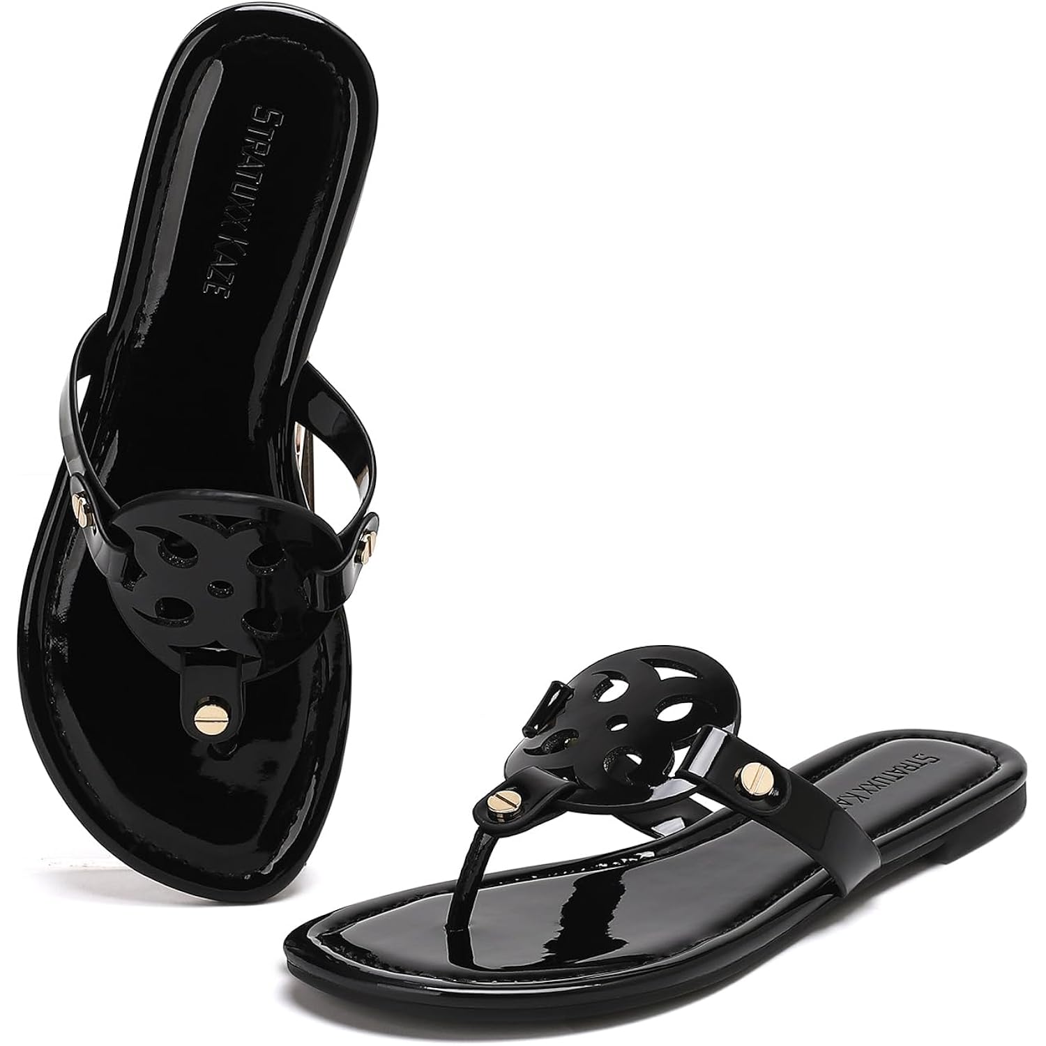 Stratuxx Kaze Women'S Dressy Patent Leather Thong Sandals With Memory Foam,Comfy Beach Slides Slip On Flat Sandals For Women
