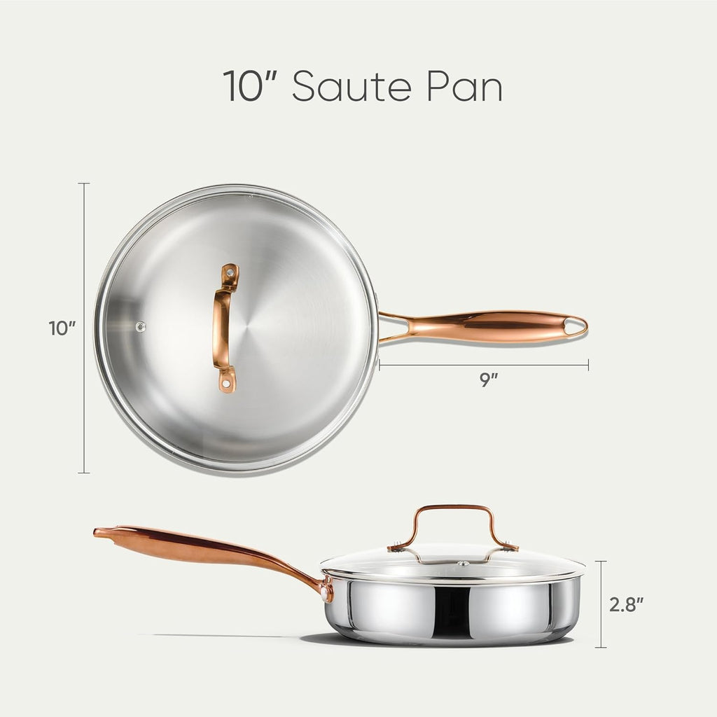 CAROTE 10" Tri-Ply Stainless Steel Deep Frying Pan with Lid, Non-Toxic Saute Pan, Oven Safe, Induction, Ceramic and Gas Cooktops Compatible, Silver