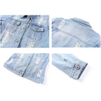 Women Autumn 3/4 Sleeve Retro Short Denim Jackets Light Blue Jean Coats