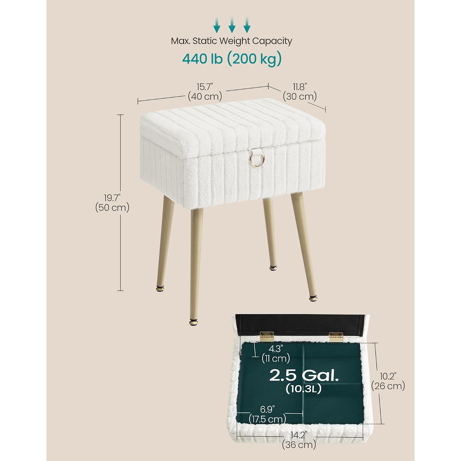 Songmics Vanity Stool Chair Faux Fur With Storage, Vanity Bench, Metal Legs, Adjustable Feet, For Living Room, Bedroom, Makeup Room, Cream White Ulom505Wz02