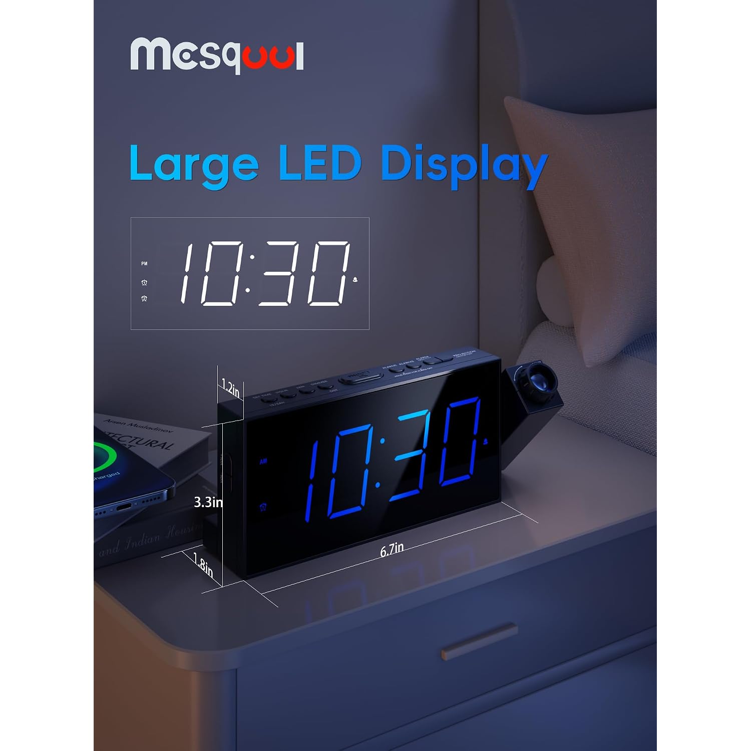 Digital Projection Alarm Clocks For Bedrooms - Large Led Display, 180° Rotatable Projector, 5-Level Dimmer,Usb Charger,Battery Backup,Loud Dual Alarms For Kids Elderly,Heavy Sleepers,Snooze,12/24H,Dst