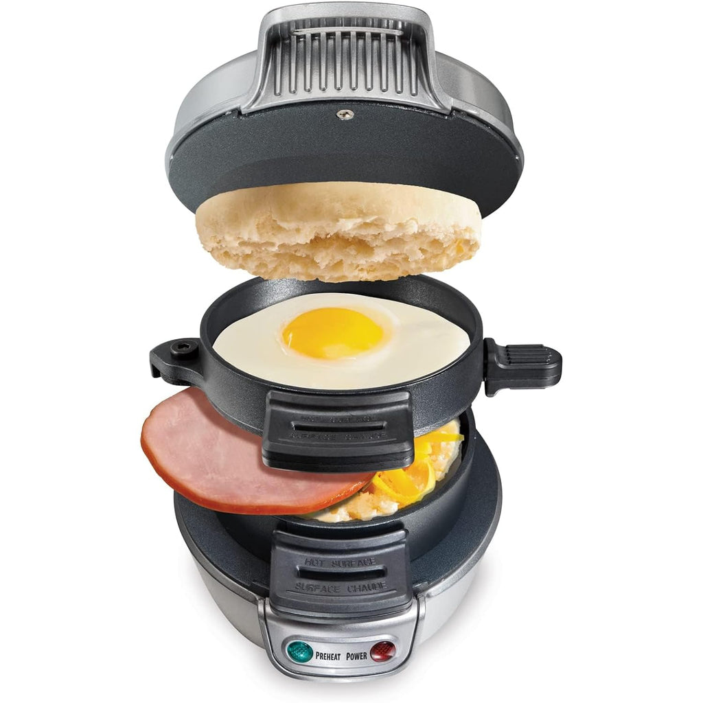 Hamilton Beach Breakfast Sandwich Maker with Egg Cooker Ring, Customize Ingredients, Perfect for English Muffins, Croissants, Mini Waffles, Perfect White Elephant Gifts, Silver (25475)
