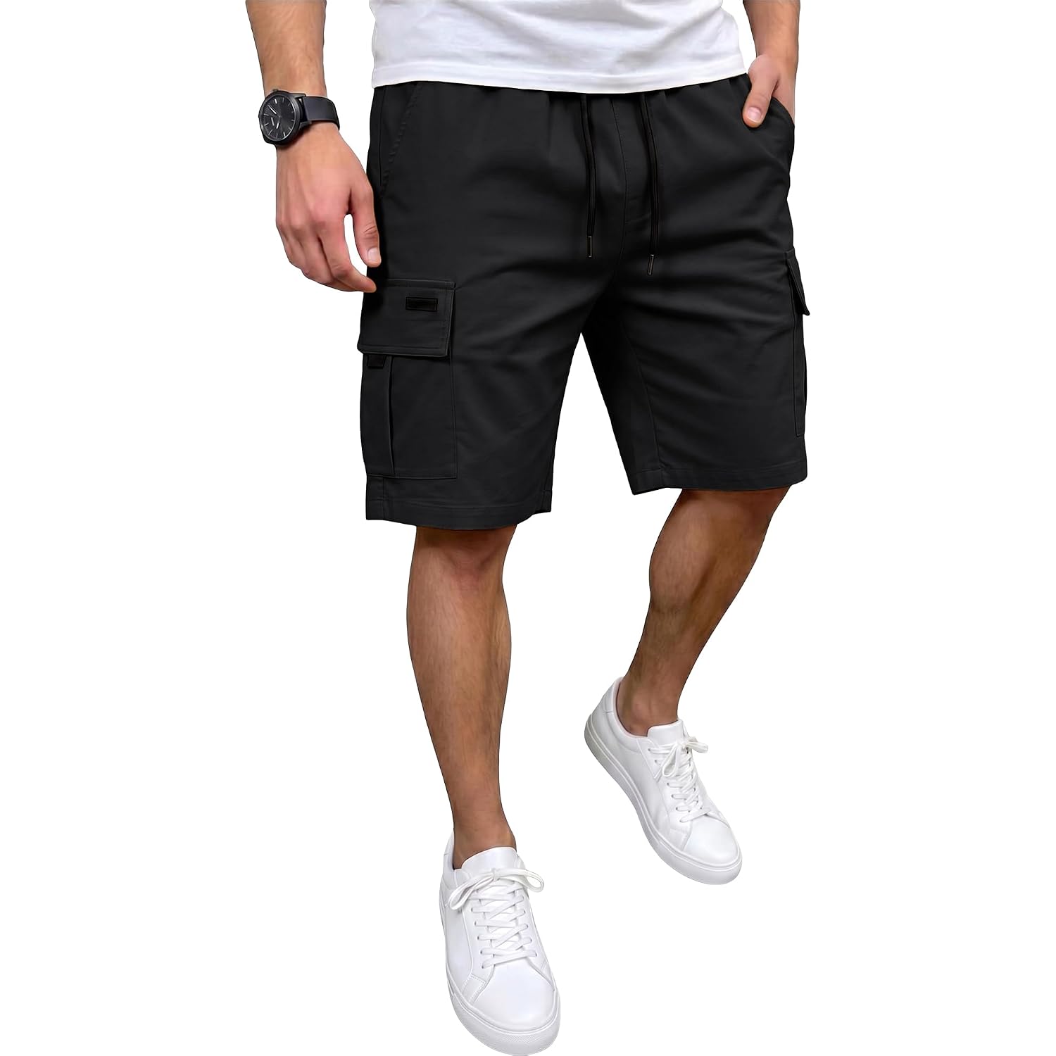 Jemldl Mens Casual Cargo Shorts Stretch Elastic Waist Drawstring Summer Work Short With 5 Pockets