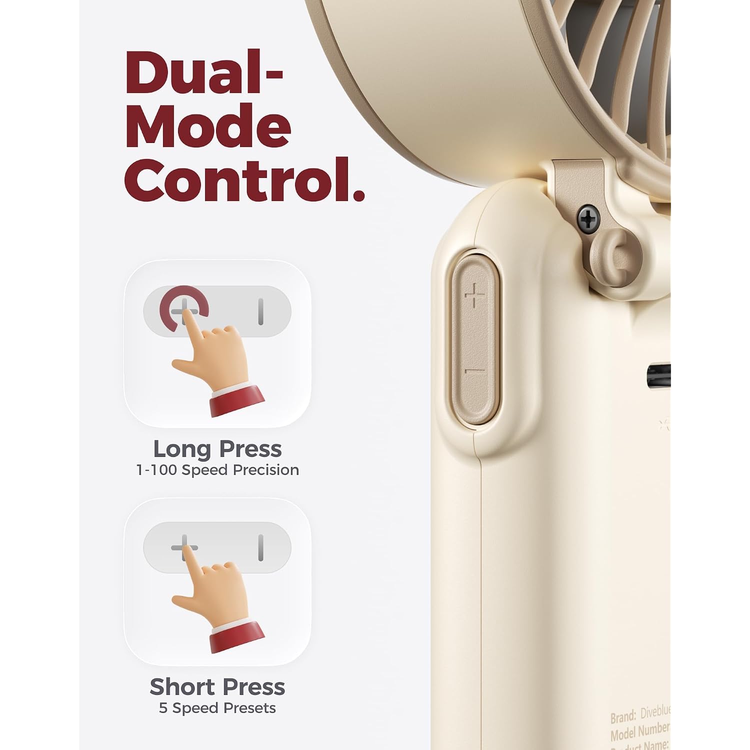 Diveblues Portable Handheld Fan D6036 Cream | 7.4M/S High Speed Turbo, 180° Foldable 4-In-1, Personal Neck Fan With Carabiner Clip, 100 Speed Stepless Control