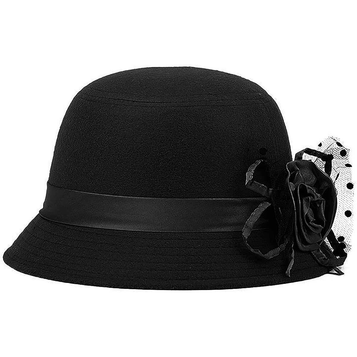 Vintage Felt Cloche Hat Winter Floral Fedora Bucket Hat Bowler Hats Black