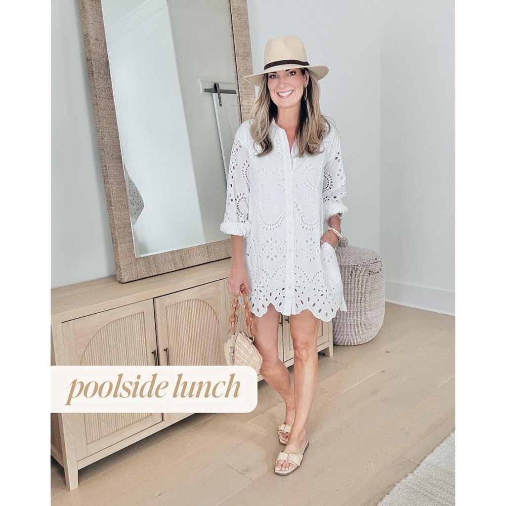 Chartou Women Eyelet Lace Dress Button Down Shirt Loose Fit Summer Casual Mini Dress