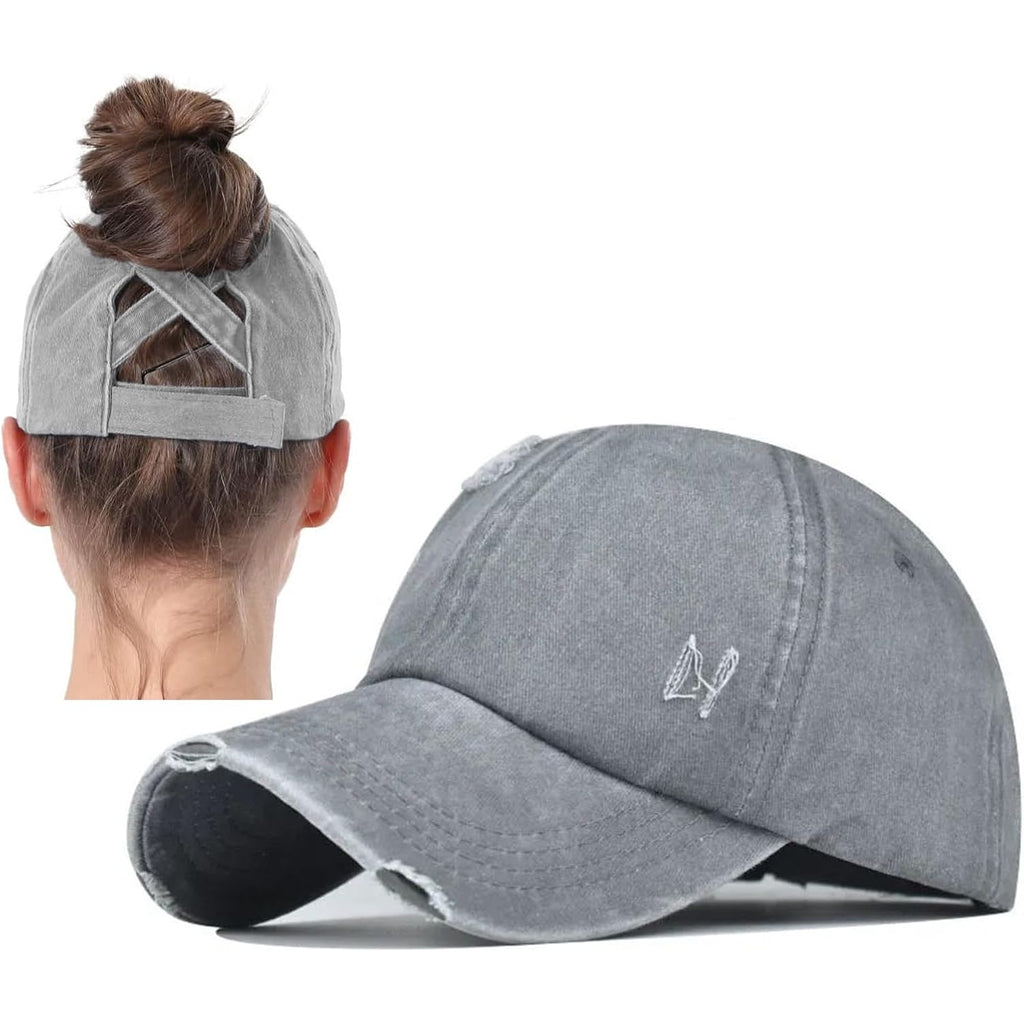 2 Packs Distressed Ponytail Hat For Women Criss Cross Hat Baseball Cap Pony Tail Caps High Bun