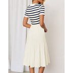 Zesica Women'S 2026 Casual Striped Midi Dress Crewneck Short Sleeve Button Ribbed Knit Swing Pleated A Line Dresses