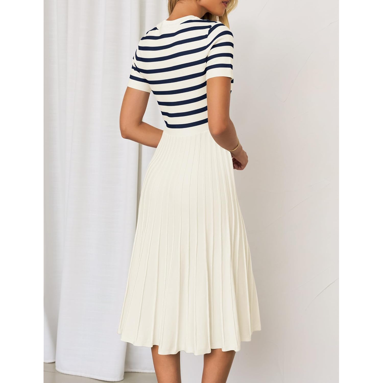 Zesica Women'S 2026 Casual Striped Midi Dress Crewneck Short Sleeve Button Ribbed Knit Swing Pleated A Line Dresses