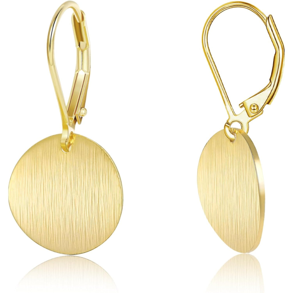 14K Gold Dangle Earrings for Women，Lightweight Circle Disc Coin Geometric Flat Brushed Drop Earrings, Hypoallergenic Leverback Earrings S925 Jewelry