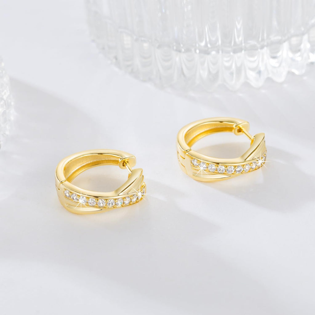 Gold Hoop Earrings 14K Gold Earrings for Women Thick Small Diamond 14K Gold Hoop Earrings for Women X-shaped Huggie Earrings 17mm