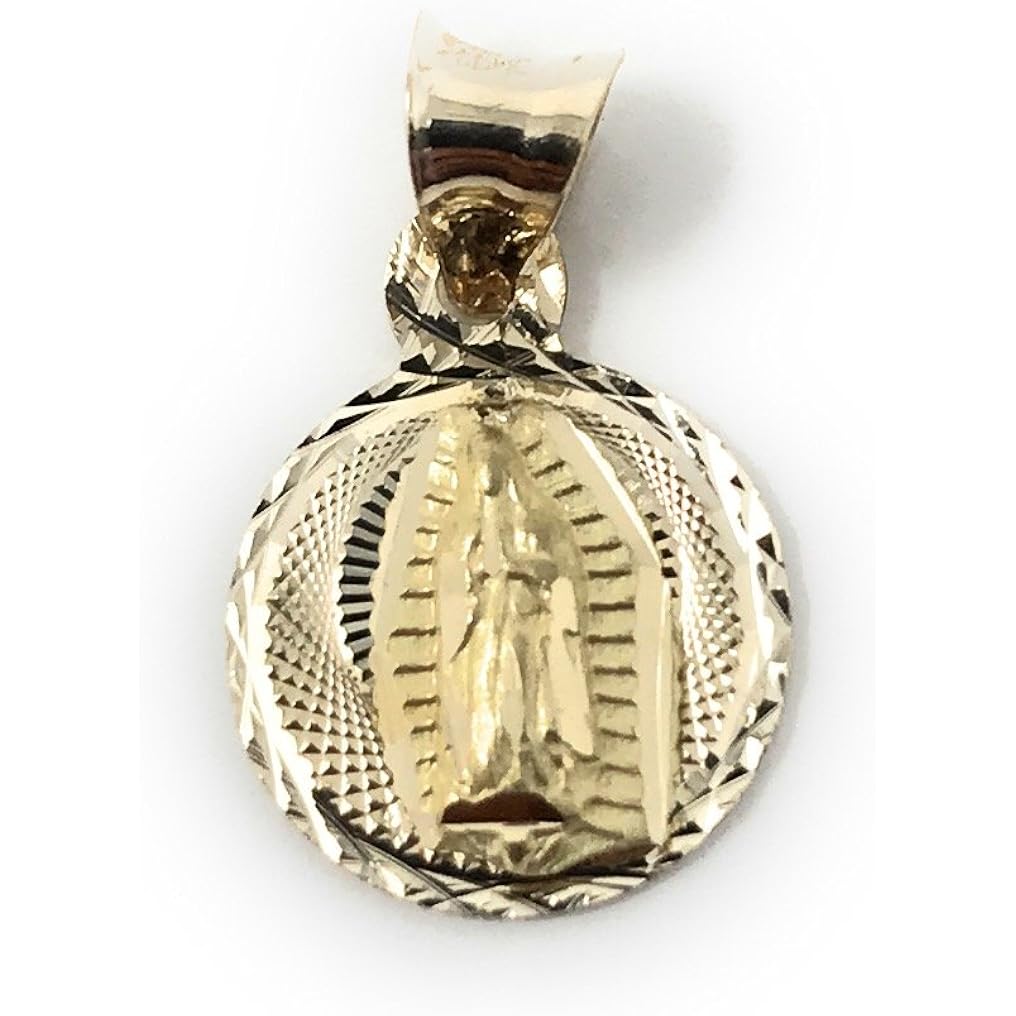 Ioka 14K Yellow Gold Diamond Cut Our Lady of Guadalupe Stamp Charm Pendant with 1.2mm Flat Open Wheat Chain Necklace