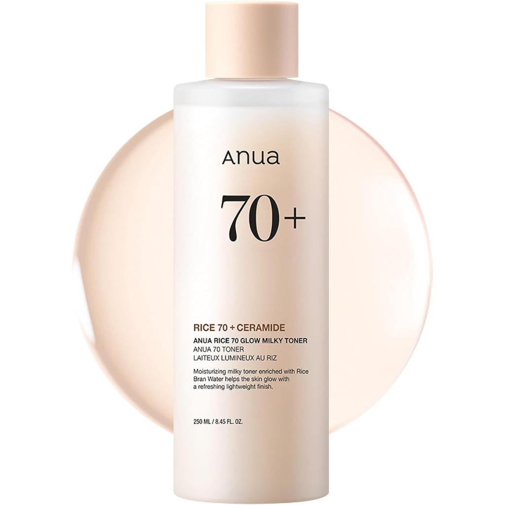 Anua Rice 70 Glow Milky Toner, Glass & Dewy Skin, Hydrating & Barrier Care, Rice Water, Niacinamide, Ceramides, All Skin Types, Fragrance-Free, Non Comedogenic, Korean Skincare, 8.45 Fl.Oz.