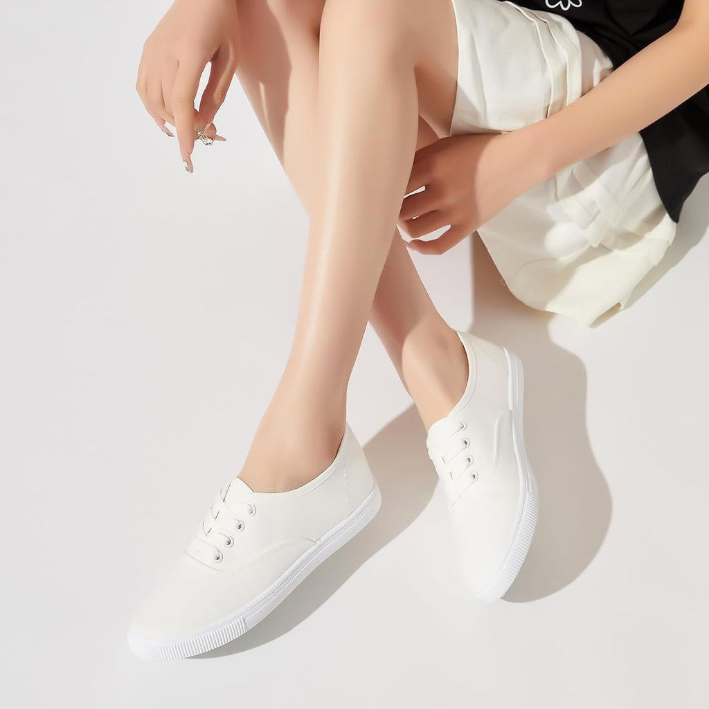 Womens Classic White Sneakers,Low Top White Canvas Shoes,Lightweight Casual Canvas Sneakers