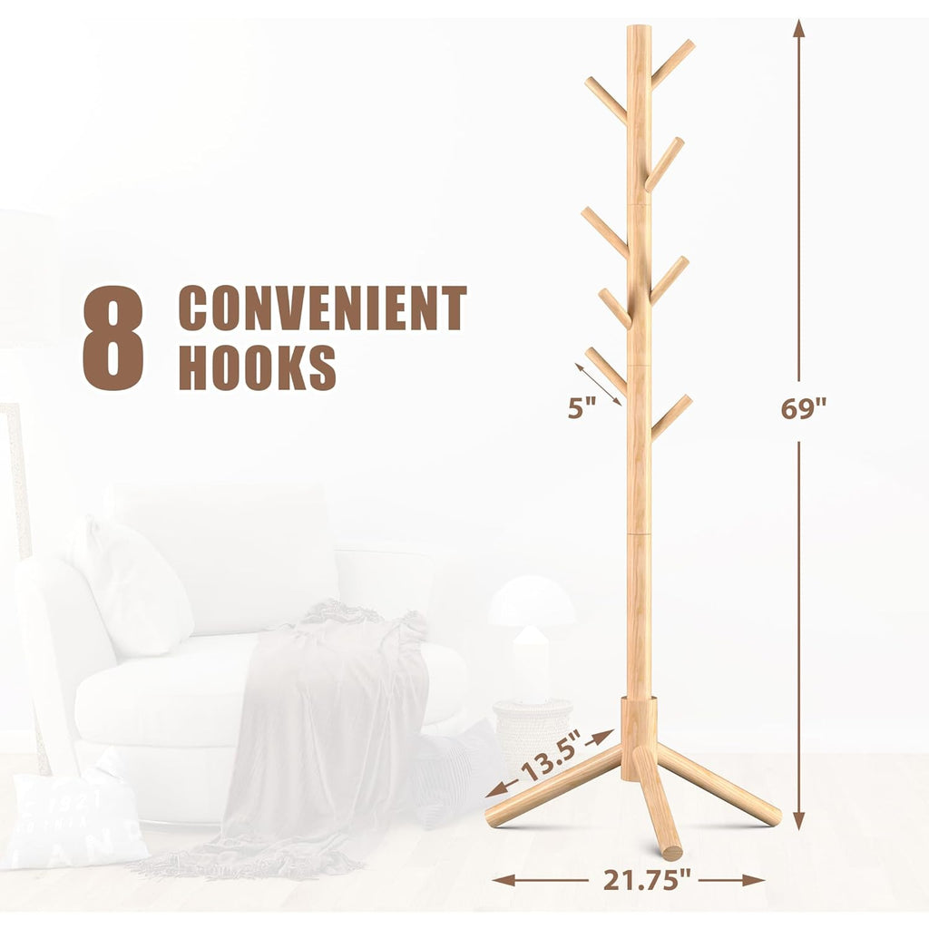 Haddockway Wooden Coat Rack Stand with 8 Hooks New Zealand Pine 3 Adjustable Coat Standing Tree Easy Assembly for Coats, Hats, Scarves and Handbags for Entryway, Hallway, Bedroom, Office