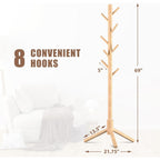 Haddockway Wooden Coat Rack Stand with 8 Hooks New Zealand Pine 3 Adjustable Coat Standing Tree Easy Assembly for Coats, Hats, Scarves and Handbags for Entryway, Hallway, Bedroom, Office