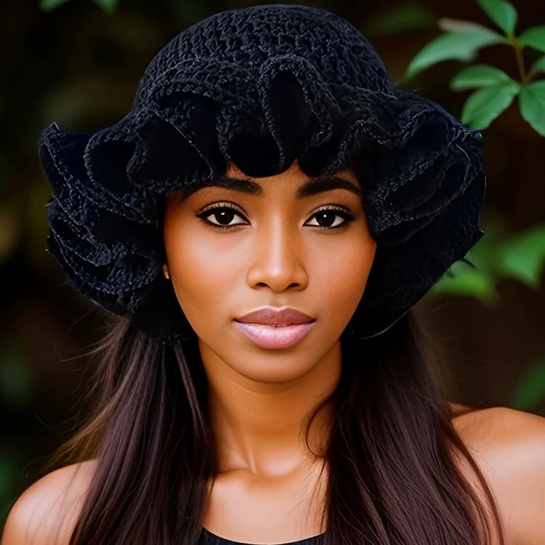 Crochet Bucket Hat for Womens Knitted Hat Trendy Fisherman Hat Foldable Handmade Bucket Cap for Travel Daily Wear A-pure Black