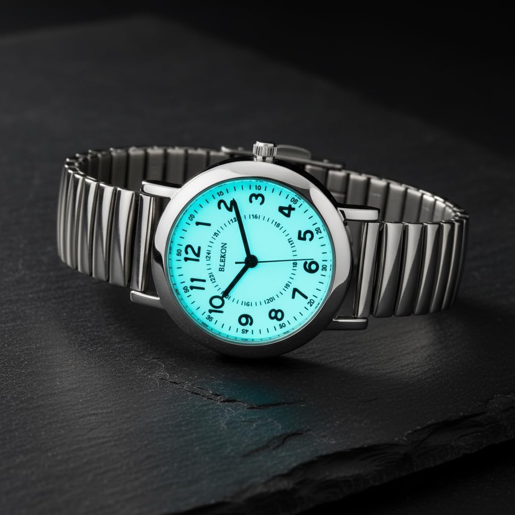 Women'S Light Up Dial Watch, Analog Display, 33Mm Metal Case, Push Button, Glossy Expansion Band, White