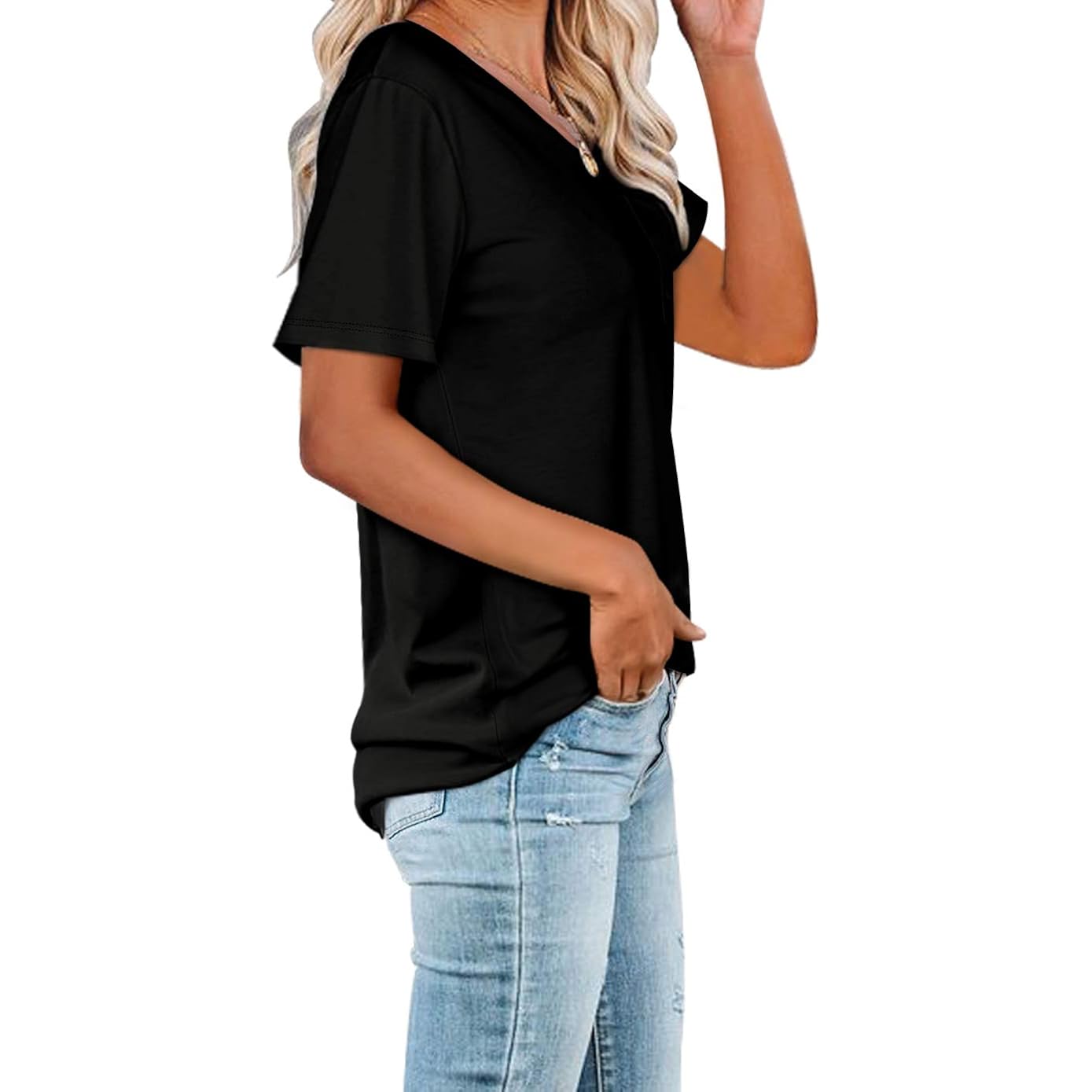 WIHOLL Women Summer T Shirts Short Sleeve Rounded V Neck Pocket Tee Tops