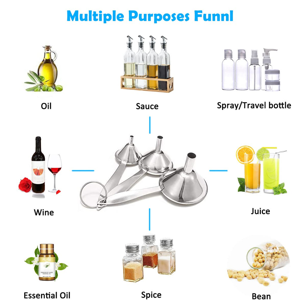 Small Funnels For Filling Bottles, 3 Pcs Stainless Steel Kitchen Funnel Set, Food Grade Mini Metal Funnel For Transferring Oil Liquid, Easy Cleaning With A Brush (Long Handle)