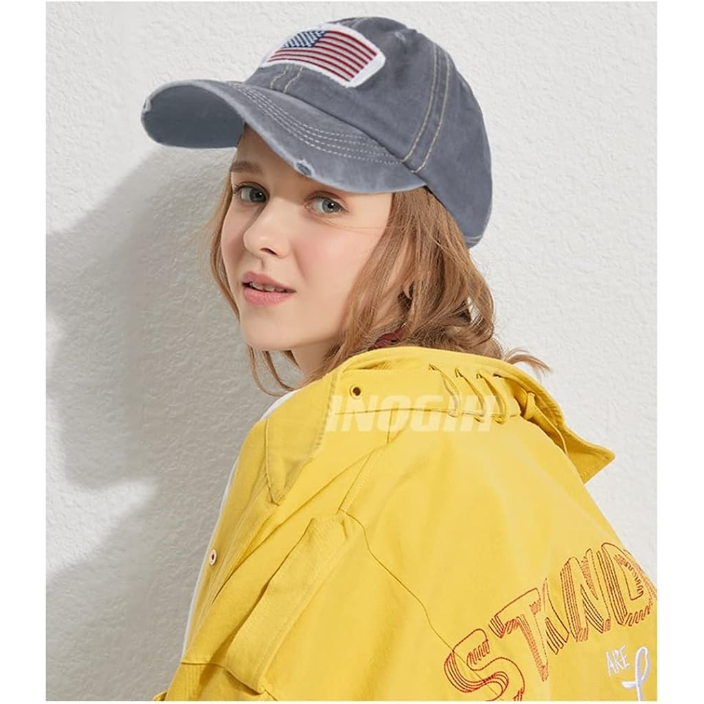 Women American Flag Ponytail Hat Embroidery Washed-Cotton Messy Bun Baseball-Cap Adjustable Grey