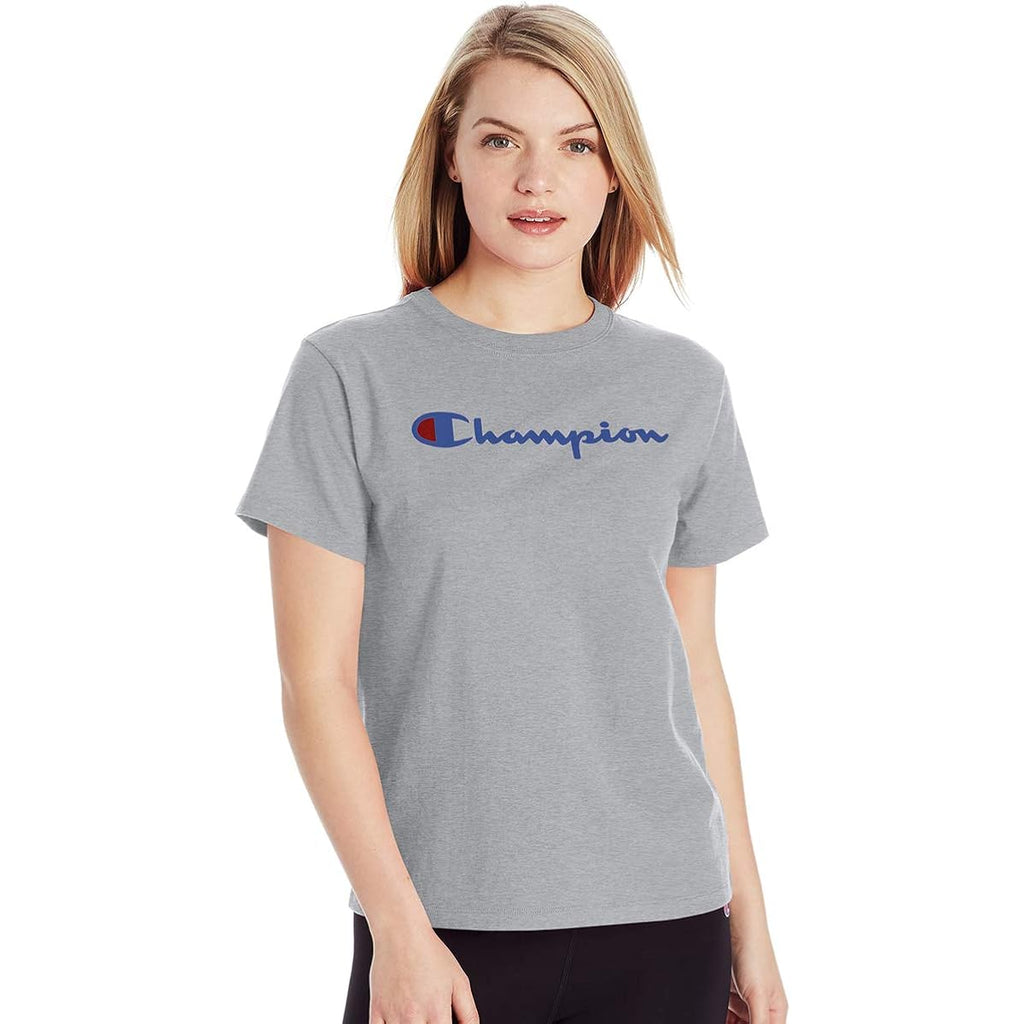 Champion Women’s Classic Short Sleeve Graphic T-Shirt, Standard Fit, Script Logo Oxford Gray - Classic Script Logo